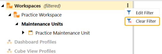 Workspaces selected with yellow highlight and Clear Filter boxed with yellow highlight in drop-down menu